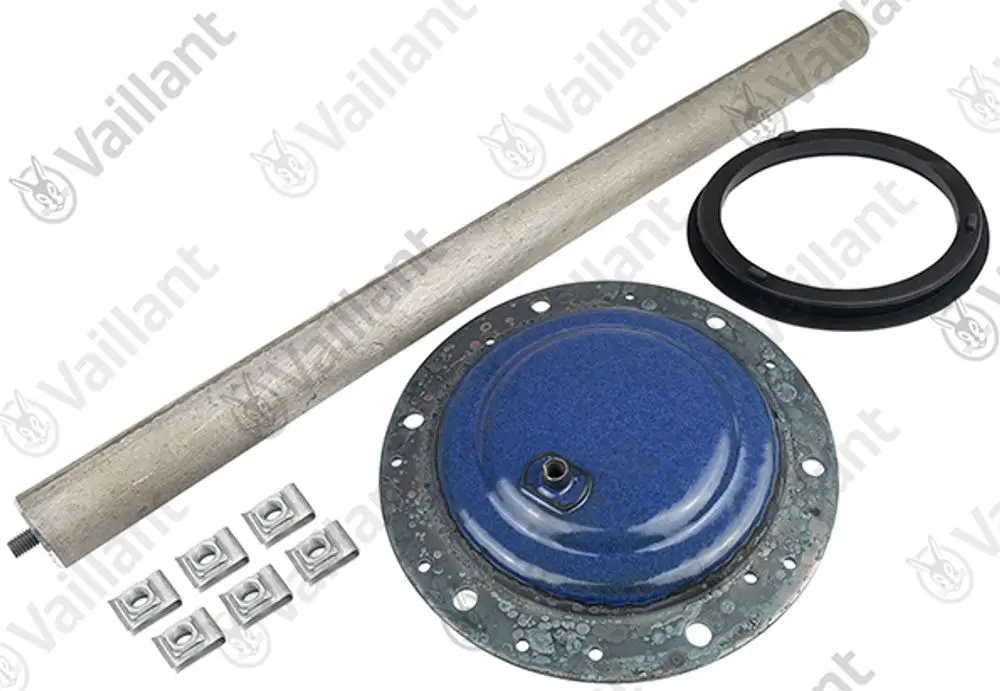 Vaillant-Anschlussflansch mit Anode und Zubehörteilen, einschließlich einer blauen Metallplatte, einer silbernen Stange und mehreren Montageelementen.